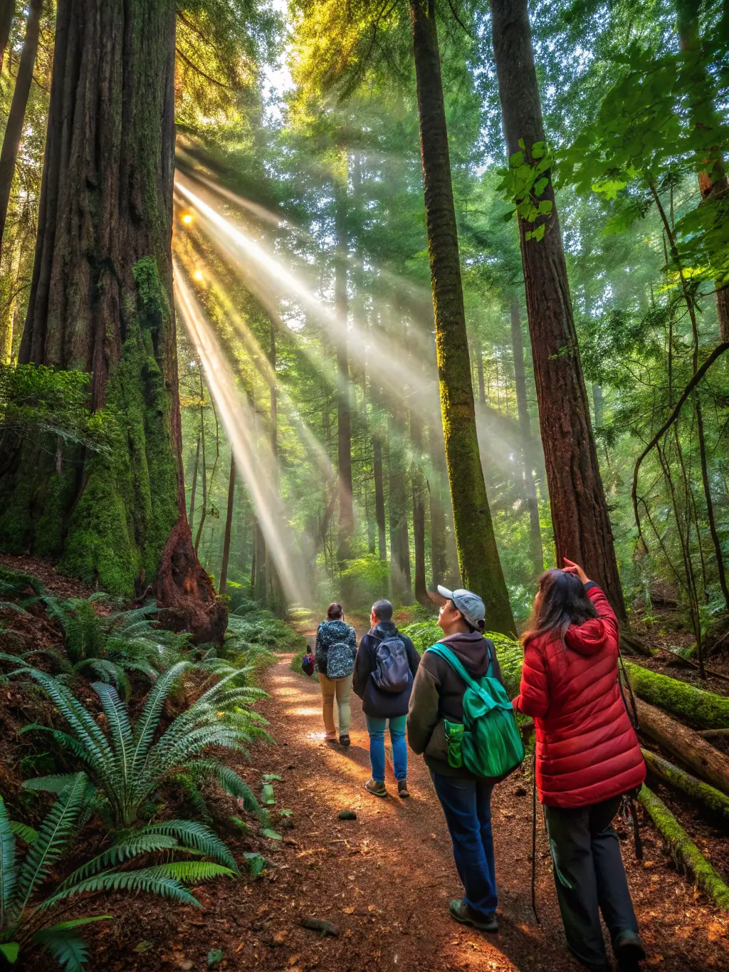 A group of people walking mindfully through a forest, observing the details of nature around them, promoting a sense of presence and connection.