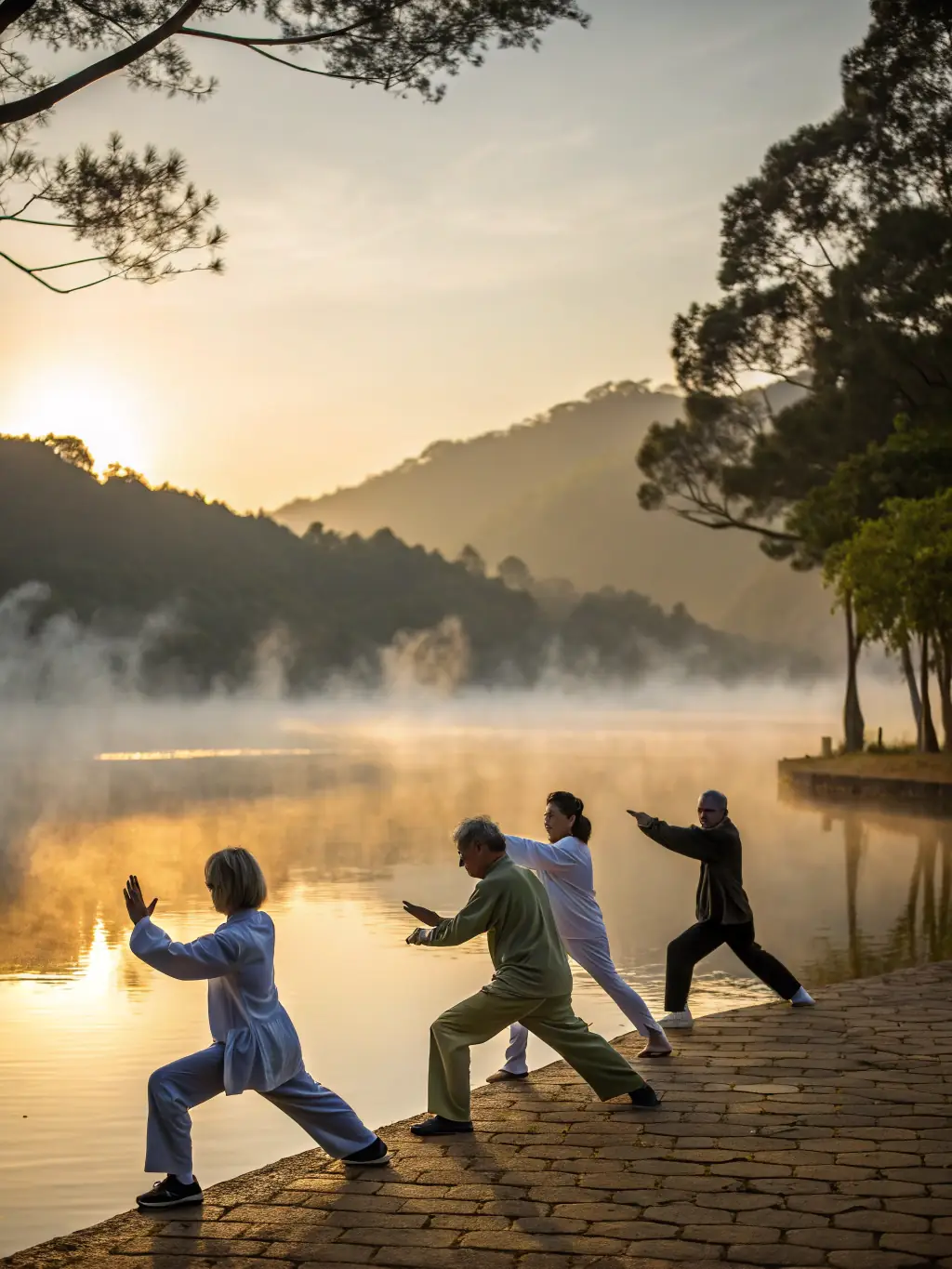 A picturesque scene of a group participating in a holistic retreat, practicing Tai Chi at sunrise by a tranquil lake.