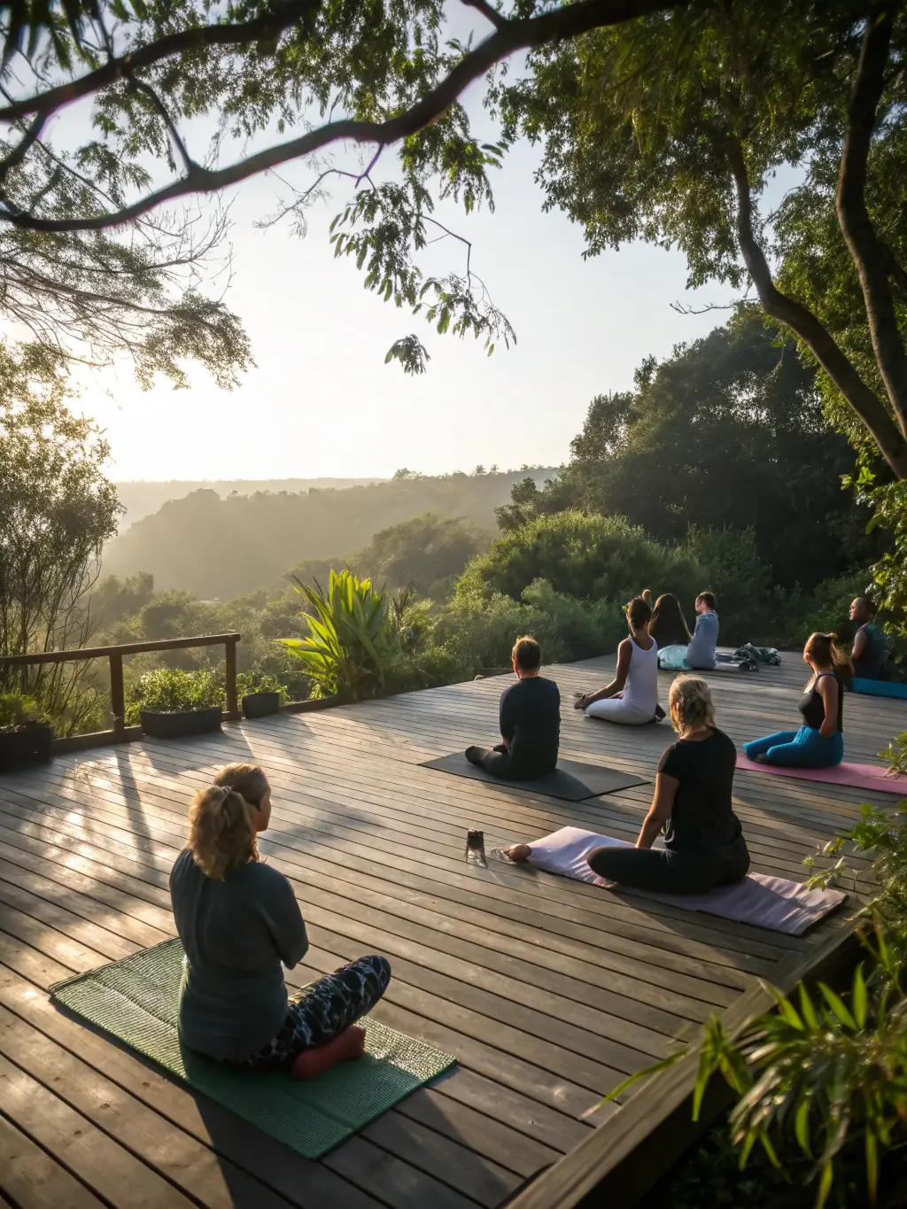 A serene image of participants practicing yoga outdoors during a weekend retreat, with mountains in the background and a clear blue sky above.