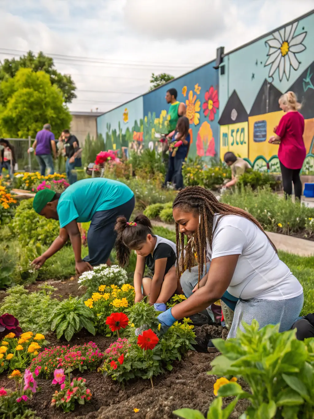 A group of people participating in a community gardening activity, planting seeds and nurturing plants, fostering a sense of connection and sustainability.