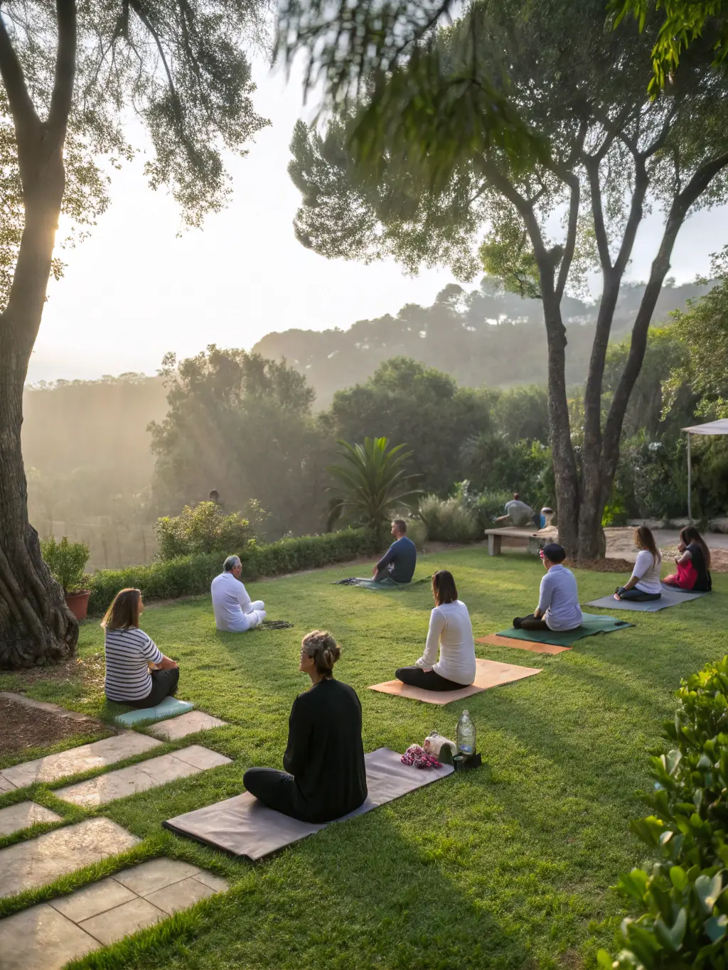 A group of people participating in a mindful walking meditation workshop in a sun-dappled forest clearing, focusing on their steps and breathing.