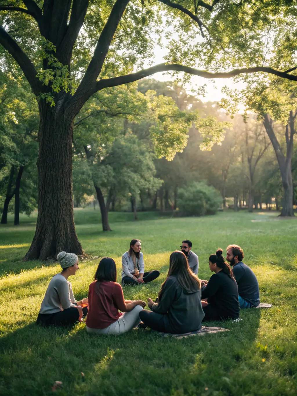 A group of people meditating outdoors in a peaceful natural setting, surrounded by trees and greenery, emphasizing mindfulness and serenity.