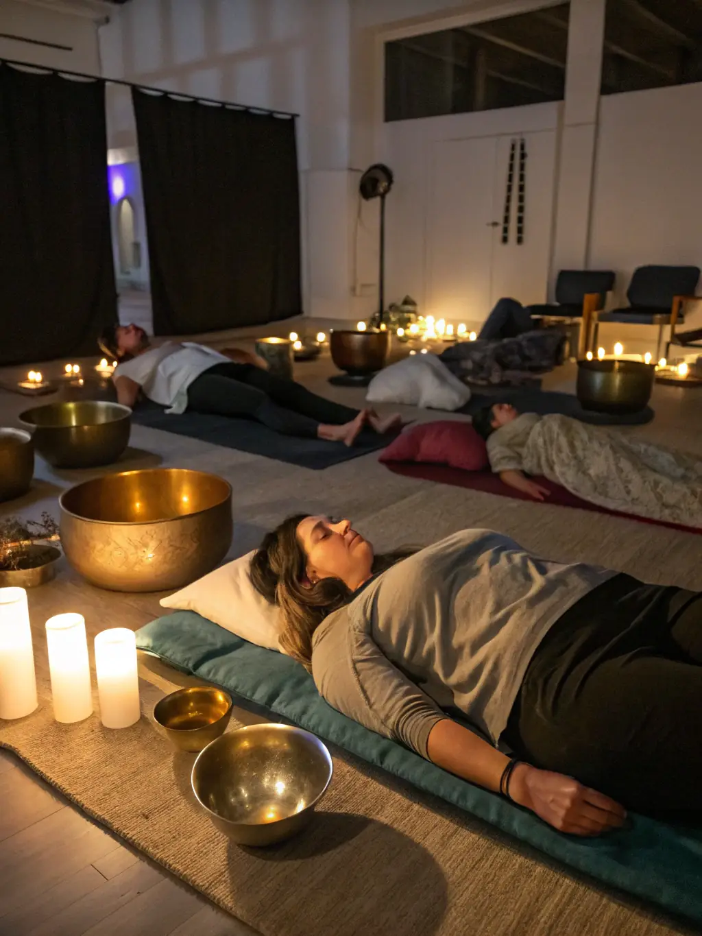 A group of people participating in a sound healing session, lying down with eyes closed as the instructor plays crystal singing bowls, creating a harmonious and relaxing environment, representing sound healing sessions offered by Terre Et Yoga.