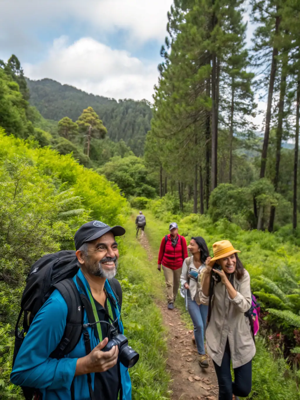 A scenic image of a group of people walking along a nature trail in the Pyrenees mountains, lush greenery and clear blue skies in the background, representing nature walks organized by Terre Et Yoga.