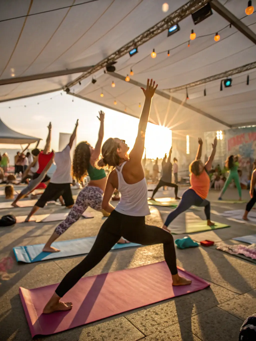 A dynamic image of a Vinyasa flow yoga class at Terre Et Yoga, participants moving fluidly between poses, emphasizing breath synchronization and core engagement.