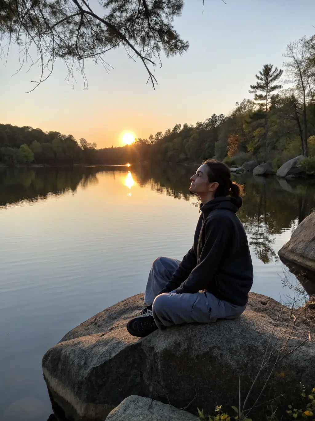 An image of a person practicing mindful breathing exercises by a tranquil lake, surrounded by trees and wildlife, representing mindful breathing workshops offered by Terre Et Yoga.