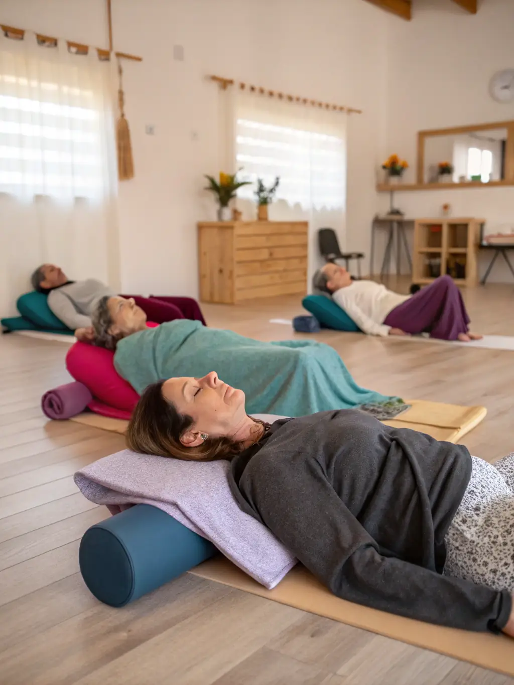A peaceful scene of participants practicing restorative yoga in a cozy indoor space at Terre Et Yoga, focusing on relaxation and healing.