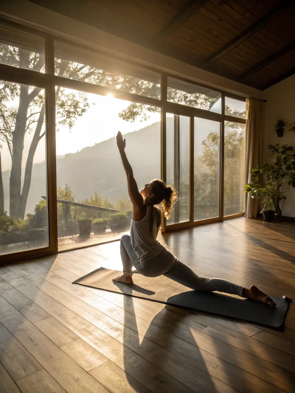 A serene image of a Hatha yoga class in a sunlit studio at Terre Et Yoga, participants in various poses, focusing on alignment and breath, instructor guiding with gentle hands.