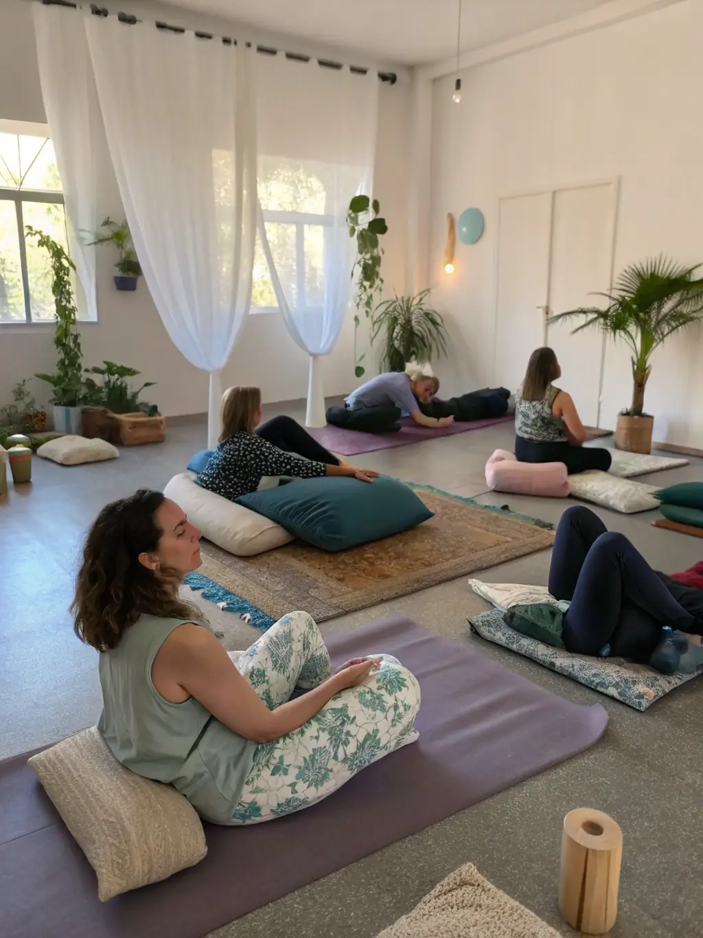 A calming image of a Restorative yoga class at Terre Et Yoga, participants supported by props in relaxing poses, promoting deep relaxation and stress reduction.