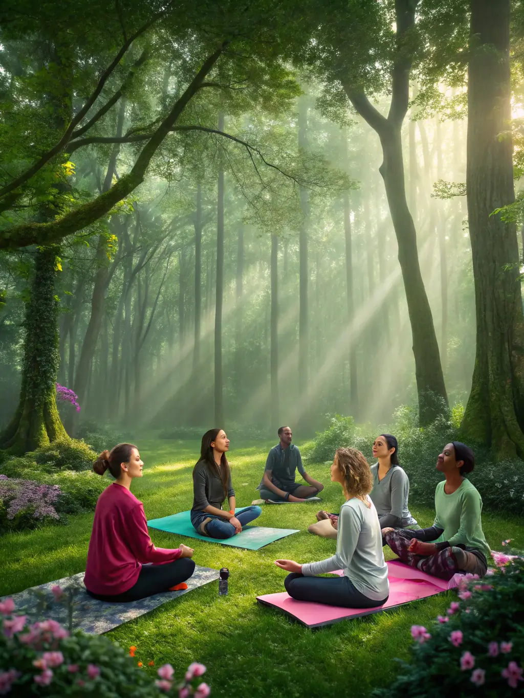 A serene image of a group meditating outdoors in a forest clearing, sunlight filtering through the trees, creating a peaceful atmosphere, representing guided meditation sessions offered by Terre Et Yoga.