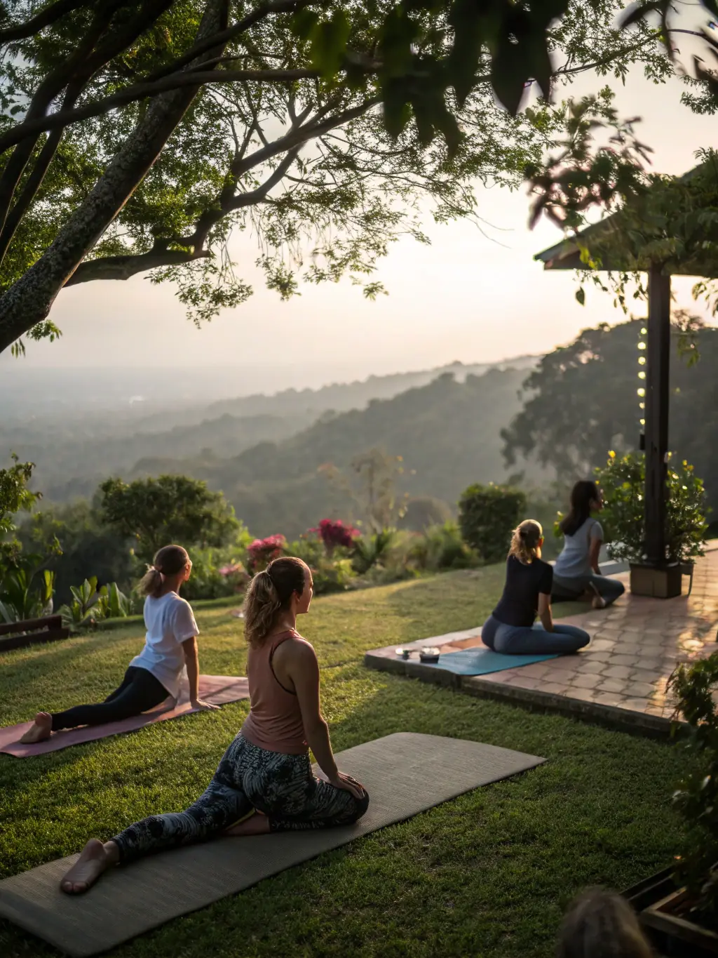 A serene image of participants engaged in a mindful meditation session during a weekend workshop at Terre Et Yoga, Arboussols, with soft natural light filtering through the trees.