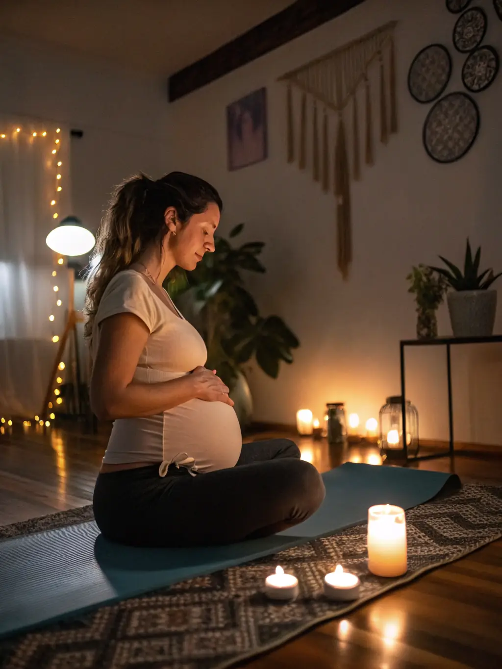 An inspiring image of a Prenatal yoga class at Terre Et Yoga, pregnant women practicing gentle poses, focusing on breathwork and relaxation techniques for pregnancy.