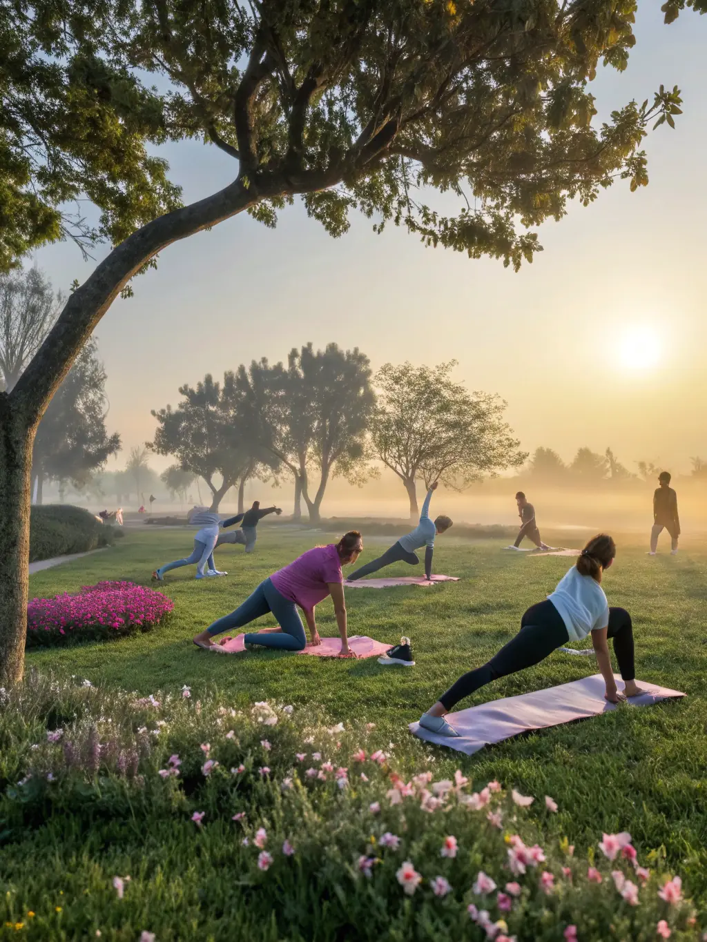 A group of people practicing yoga outdoors during a Terre Et Yoga retreat in the Pyrenees mountains, with a focus on connection with nature and inner peace.